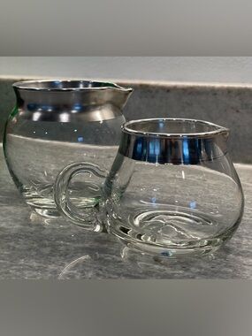 Vintage Dorothy Thorpe Glass Creamer and Sugar Set with Sterling Silver Rim